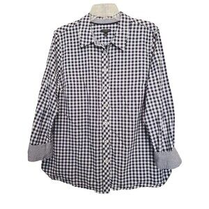 Talbots Black Gingham Plaid Cotton Contrast-Cuff Button-Up Shirt Size XL